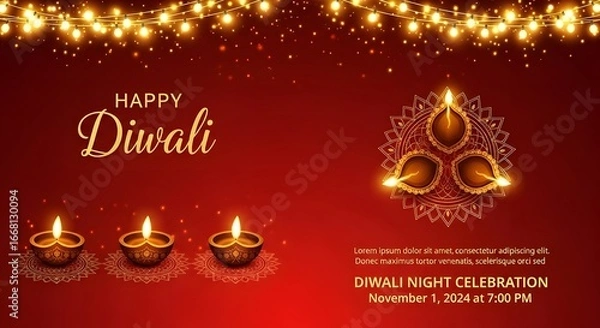 Fototapeta Happy diwali celebration with glowing diyas and festive lights on a red background, symbolizing prosperity and new beginnings during the festival of lights