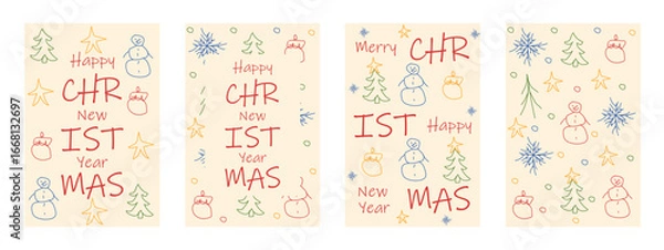 Fototapeta Children Merry Christmas and Happy New Year vector greeting card cover set. Kids scribble hand drawing Christmas poster cover collection. Perfect Naive simple scrawl Xmas art background.  EPS 10