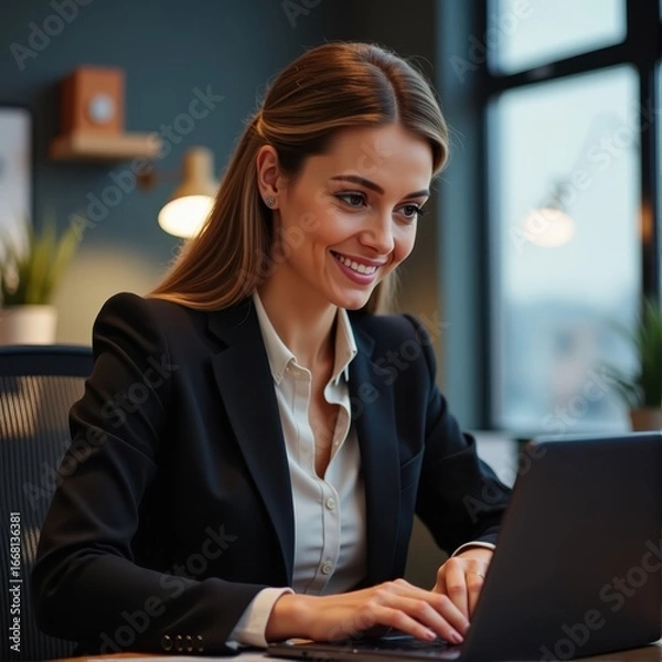 Obraz Portrait woman and typing in office with laptop for work as receptionist administrative support and professional female employee happy and email to confirm schedule and appointment planning Profe