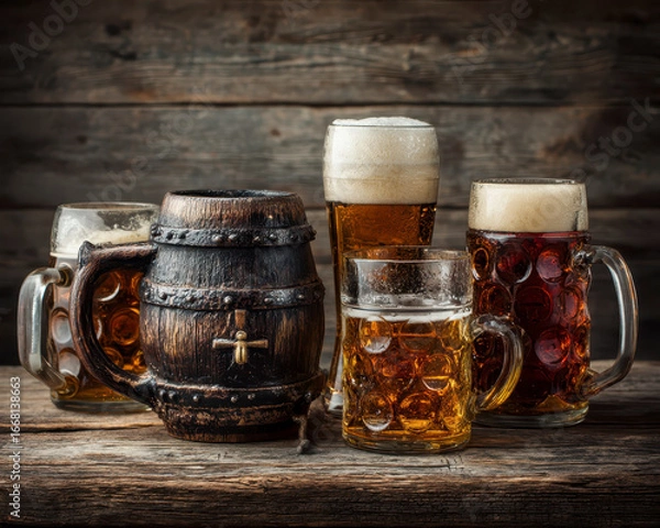 Fototapeta Rustic wooden beer mugs and glasses filled with frothy amber and dark beer on weathered wooden surface, evoking cozy and traditional pub atmosphere
