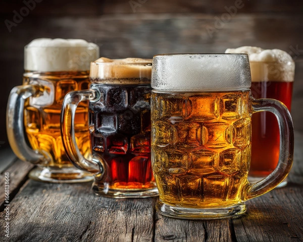 Fototapeta Golden amber dark beer mugs with foam on rustic wooden table in cozy atmosphere, inviting and refreshing drink for social gathering or celebration