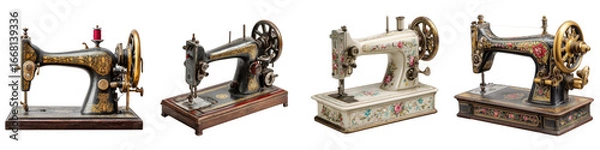 Fototapeta Antique sewing machines collection in various designs and patterns on transparent background