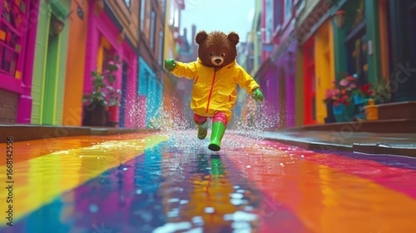 Fototapeta A teddy bear in a yellow raincoat runs through a colorful street covered in water and reflections