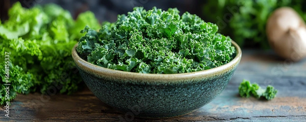 Fototapeta Fresh kale served in a ceramic bowl, perfect for healthy salads or as a nutrient-rich ingredient in meals.