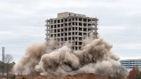 Fototapeta Concrete fragments bursting, demolition crew dismantling urban structure with heavy machinery, gray skies capturing structural collapse moment
