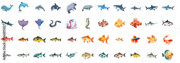 Fototapeta Various colorful fish and marine animals in illustration style, set, pack, collection  
