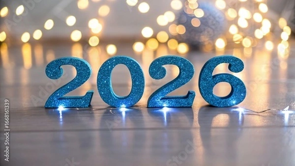 Fototapeta Sparkling Blue 2026 Numbers on Reflective Holiday Background - 3