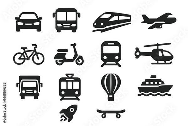 Fototapeta Black vehicle icons: car, bus, train, plane, bicycle, scooter, helicopter, ship