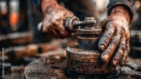 Fototapeta Close-Up of Worker Handling Mechanical Tools in Industrial Workshop with Grimy Hands and Vintage Equipment Highlighting Hard Work and Labor in Manufacturing