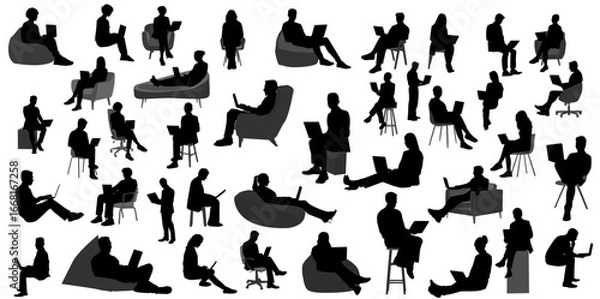 Fototapeta set of business people or employee standing, sitting on chair, bean bag, sofa and working on laptop. Employee, employer and business people working on laptop. Remote jobs, work from home, sit on couch