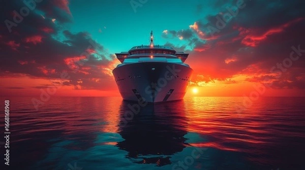 Obraz A luxury yacht glides effortlessly into the horizon, illuminated by a vibrant sunset reflecting on tranquil waters