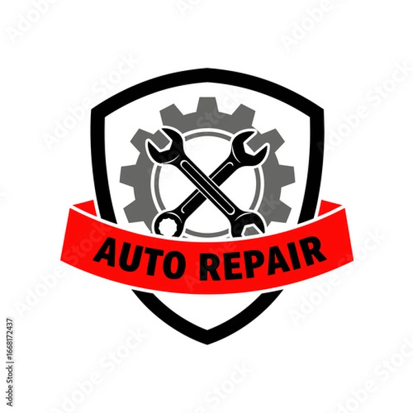 Fototapeta Professional and Reliable Auto Repair Logo Design Illustration with Crossed Wrenches, a Gear, a Shield, and a Red Banner