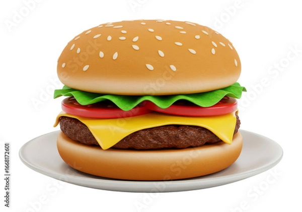 Obraz ハンバーガーセサミバンズトマトレタスチーズパティ白皿透明背景