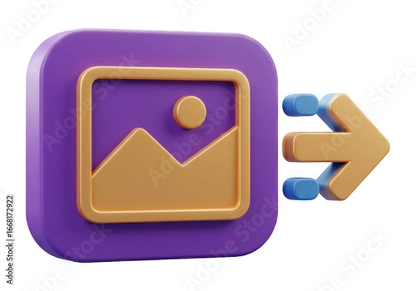 Obraz 紫色の正方形アイコン 金色の画像フレームとオレンジ色の矢印の3Dイラスト