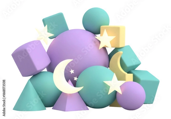 Obraz 抽象的な幾何学的形状と星と月のパステルカラーのイラスト