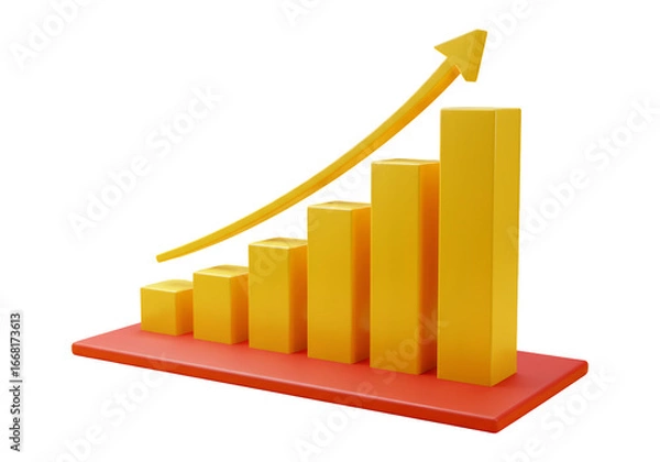 Obraz 黄色い棒グラフと上向きの矢印 赤い台座に配置されたビジネス成長のシンボル
