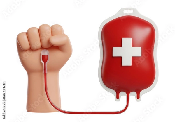 Obraz 赤色の献血パックと拳 血液輸血と救命医療の概念 透明背景のイラスト