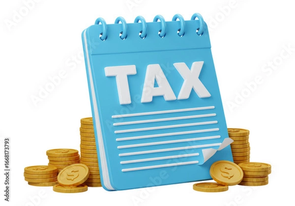Obraz 青い税金ノートと金のコインの積み重ねの透明背景イラスト