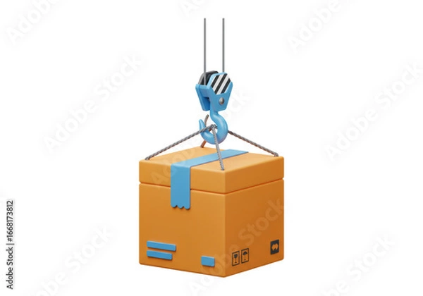 Obraz オレンジ色のボックスを吊り下げている青いクレーン 輸送および物流の概念 透明背景