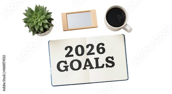 Fototapeta 2026 Goals notebook coffee mug isolated on transparent background