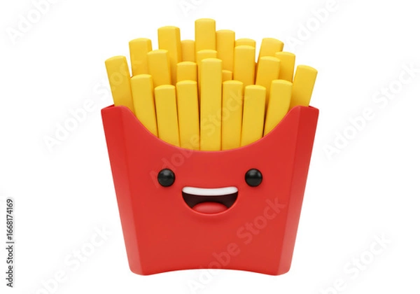 Obraz 笑顔のフライドポテトの3Dイラスト 赤い容器に黄色いポテト 透明な背景