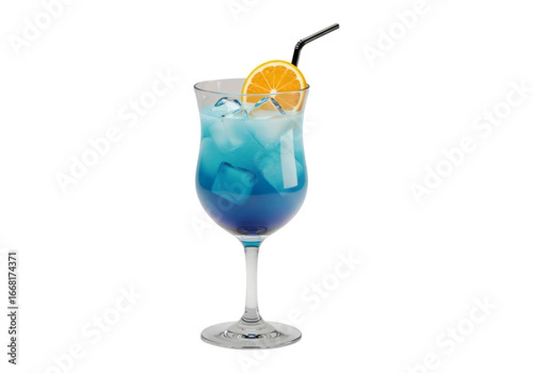 Obraz 透明な背景に青いカクテル 氷とオレンジスライスを備えたガラス容器