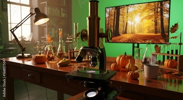 Obraz Microscope on Wooden Table with Fall Foliage and Pumpkins