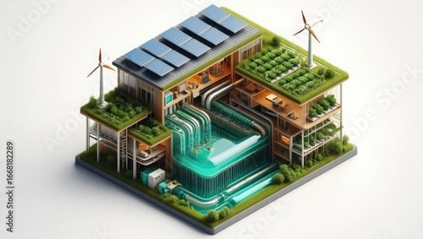 Obraz Modern eco friendly building with integrated green spaces and wind turbines for sustainable living. Generative AI.