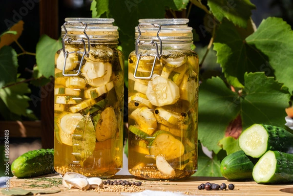 Fototapeta Homemade dill pickles in jars with garlic, salt, spices on wooden cutting board on an outside garden table.