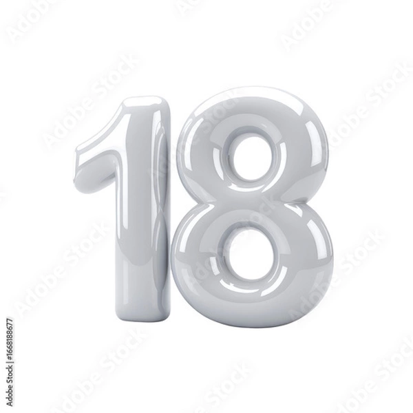 Fototapeta Shiny White Number Eighteen, 3D Render of Balloon-Style 18