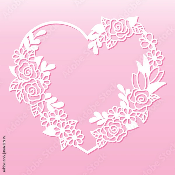 Fototapeta Openwork wreath of flowers in the shape of a heart. Laser cutting template for decoration, cards, interior decorative elements.