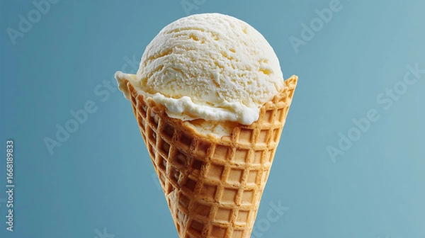 Fototapeta 鮮やかな水色の背景に、ワッフルコーンに盛られたバニラアイスクリームのクローズアップ