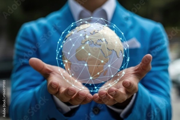 Fototapeta Man in blue suit holding a digital globe with network connections in his open hands in outdoor setting