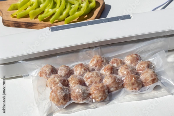 Fototapeta Vacuum-sealed meatballs and green peppers on a white surface. The meatballs are neatly packed in a clear plastic bag. Fresh vegetables are arranged on a wooden board.