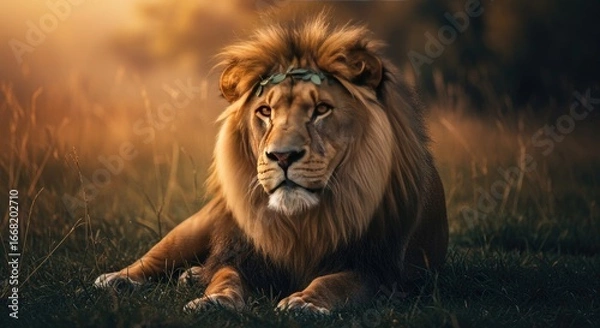 Obraz Majestic Lion with Laurel Wreath Resting in a Golden Field: A Portrait of Regal Tranquility and Natural Beauty, Radiating Warmth