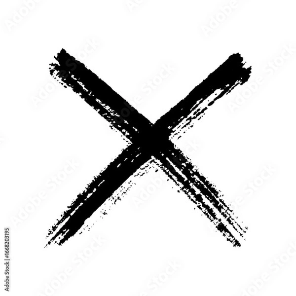 Fototapeta Paint brush cross sign, grunge line of watercolor. Dirty uneven hand drawn rejected. Decorative element with torn edge, rough texture. Vector illustration