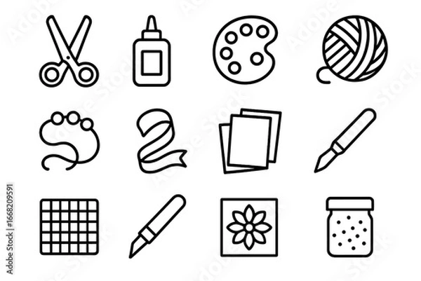 Fototapeta Craft Party Icons. Outline icon set of creative crafting party: scissors, glue bottle, paint palette, yarn