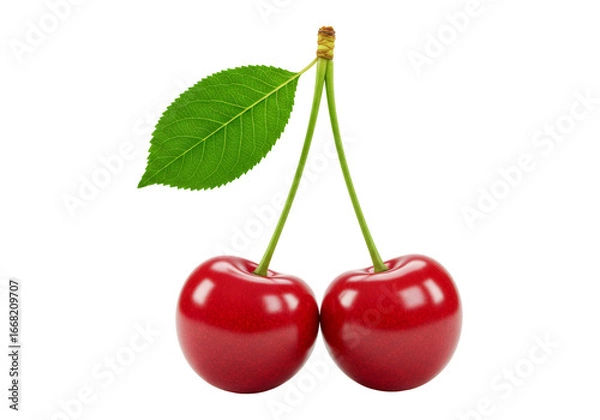Fototapeta 透明背景に分離された二つの熟した赤いサクランボと緑の葉のクローズアップビュー