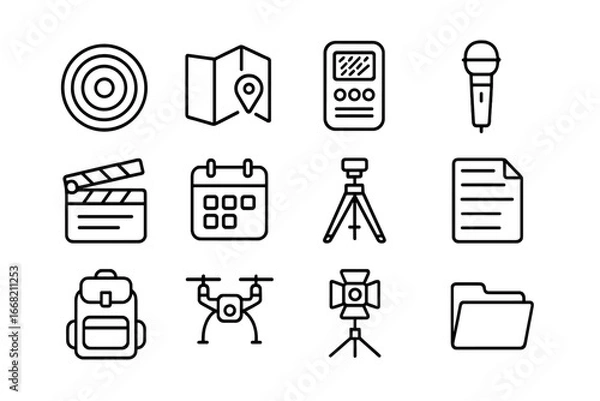 Fototapeta Documentary Tools Icons. Outline icon set of documentary production timeline: camera lens, map, field recorder