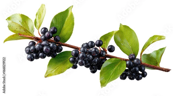 Fototapeta A branch of ripe black berries with glistening leaves, isolated on a transparent background. background removed