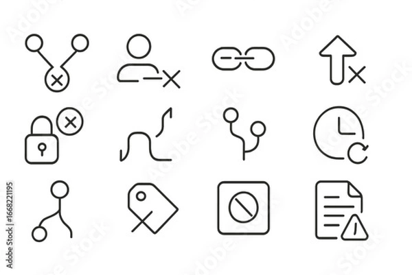 Fototapeta Troubleshooting Icon Set. Outline icon set of troubleshooting version control issues: merge conflict, detached