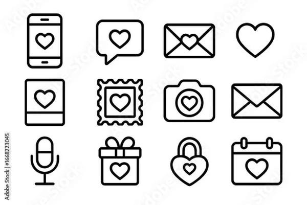 Fototapeta Romantic Communication Icons. Outline icon set of romantic communication: smartphone, chat bubble, email,