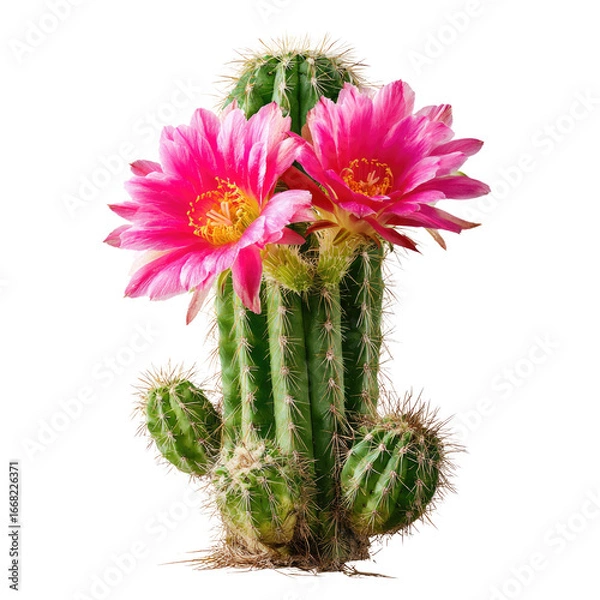 Fototapeta A vibrant green cactus with two large, bright pink flowers in full bloom. background removed