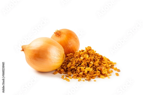Fototapeta Crispy fried onion isolated on white background. Roasted Onions. Seasoning for dishes. Spices. Salad dressing. Space for text. Copy space
