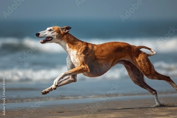 Fototapeta Greyhound Running. Elegance and Graceful Dog on Beach Background