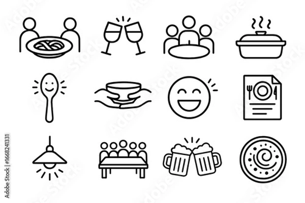Obraz Food Connection Icons. Outline icon set of connecting through food: shared plate, toast glasses, family