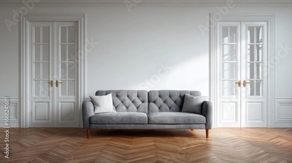 Fototapeta Grey tufted sofa stands between two doorways in a classic room on parquet floor