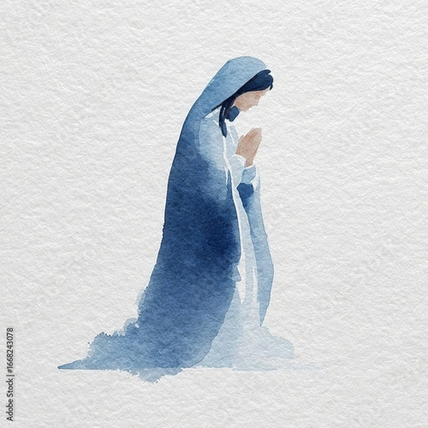 Fototapeta Serene image of Our Lady in blue and white robe, soft glowing light, neutral background with empty space for text, peaceful atmosphere.