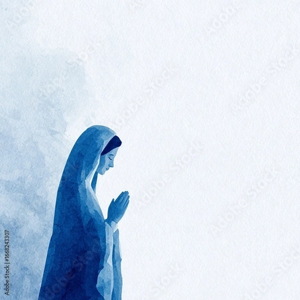 Fototapeta Serene image of Our Lady in blue and white robe, soft glowing light, neutral background with empty space for text, peaceful atmosphere.