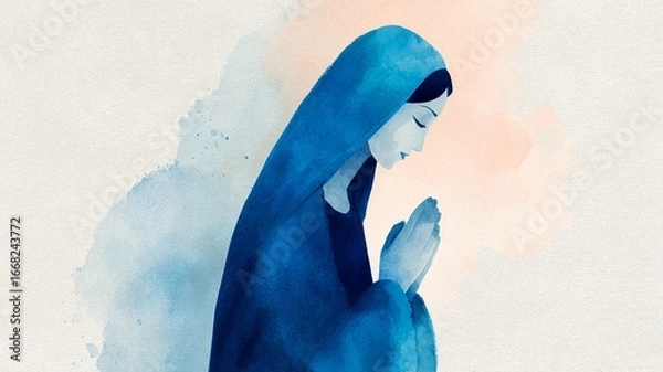 Fototapeta Serene image of Our Lady in blue and white robe, soft glowing light, neutral background with empty space for text, peaceful atmosphere.